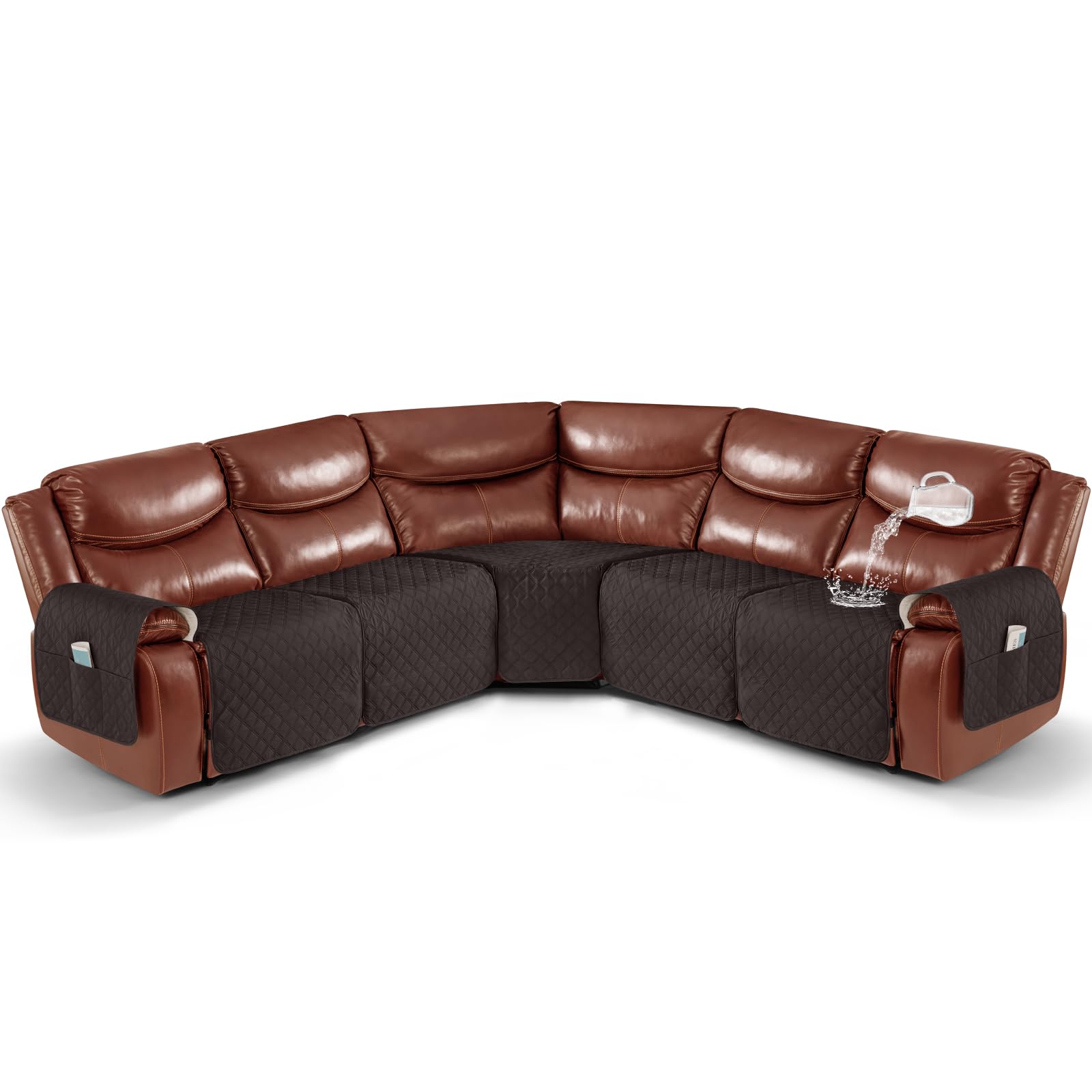 Ruaozz Extra Large Waterproof L Shape 5 Seat Recliner Sectional Couch Cover with Pockets (Chocolate)