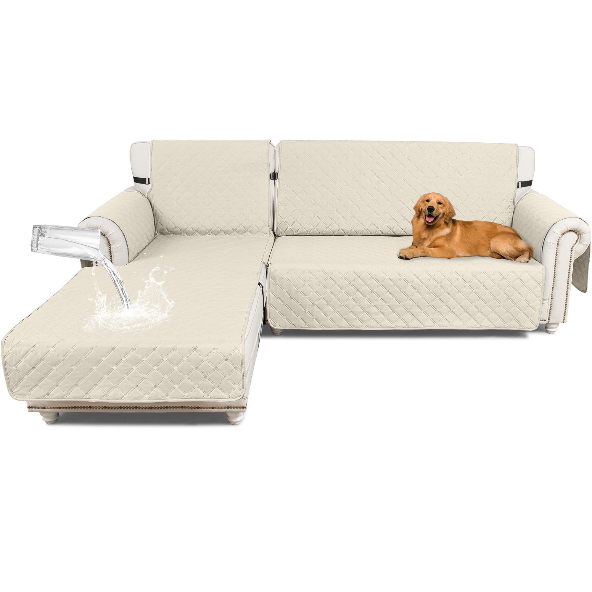 Upgraded 100% Waterproof L Shaped Sofa Slipcover for Sectional Couch Covers (Large, Ivory, Family Pet Safe)  
100% Water