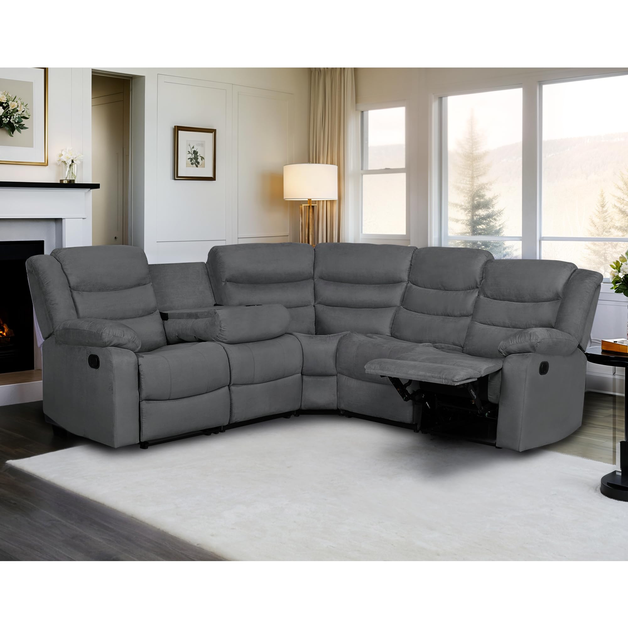 Microfiber Manual Reclining Sectional Couch for Living Room/Office (Grey)
| Recliner Sectional Sofa with Cup Holders (G