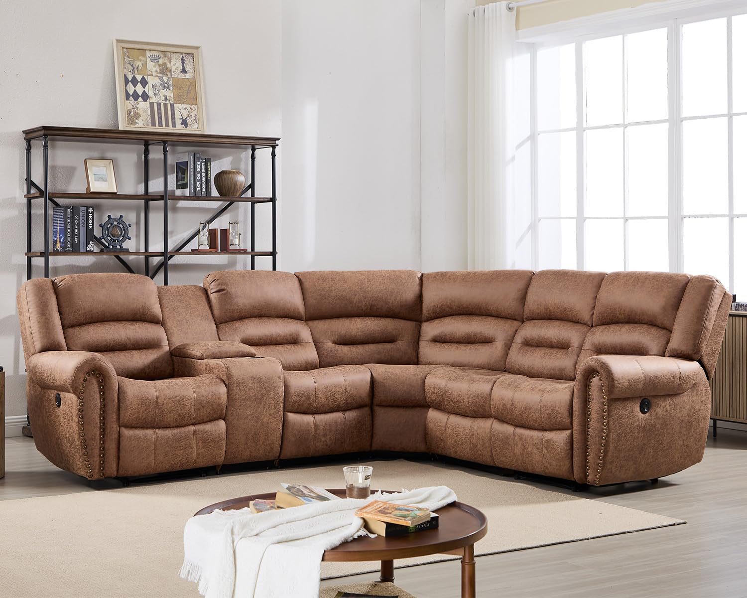 CANMOV Faux Leather L Shape Recliner Sectional Sofa for Living Room with Cup Holder and USB Port (Nut Brown)
