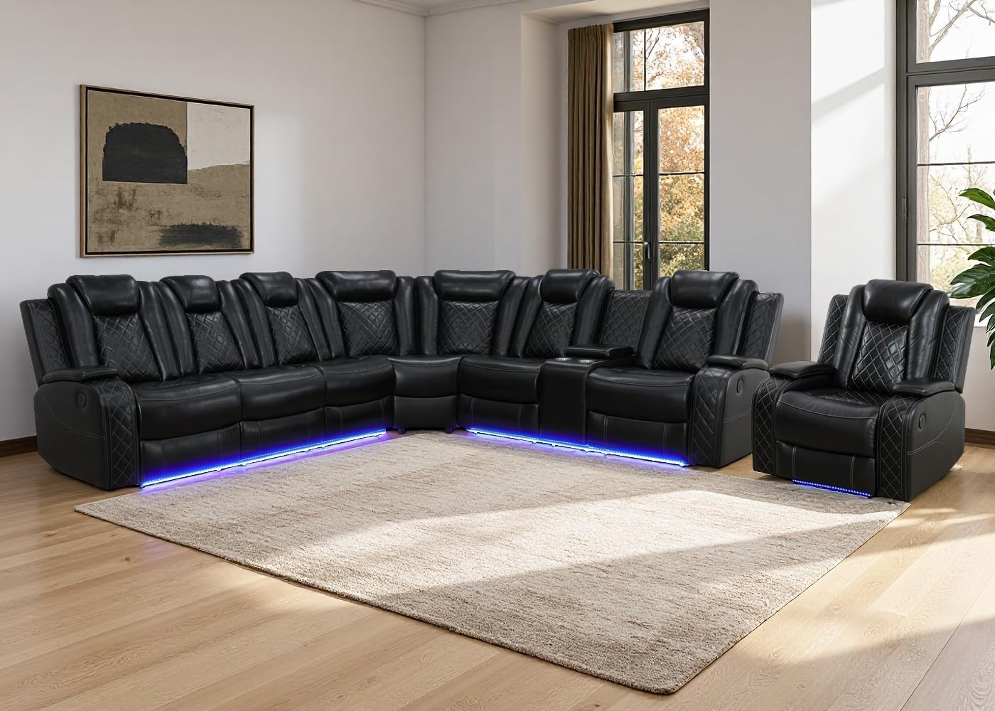 Black Power Recliner Sectional Sofa Set for Living Room with LED and Storage
| Breathing Leather Reclining Corner Couch
