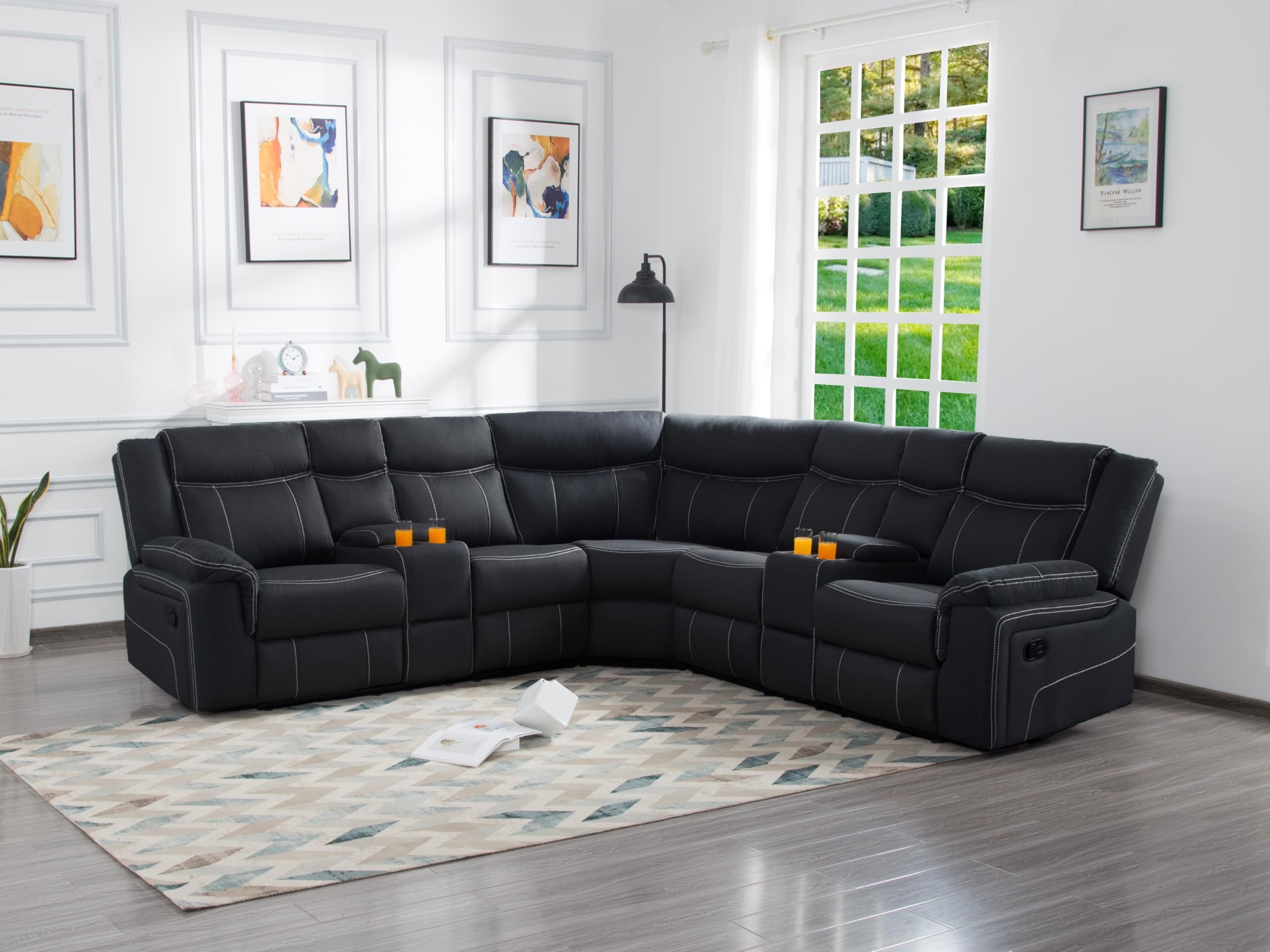 Modern Manual Motion Sectional Sofa for Living Room & Home Theater, Black, 109.4"
| Curved Symmetrical Recliner Sofa wi