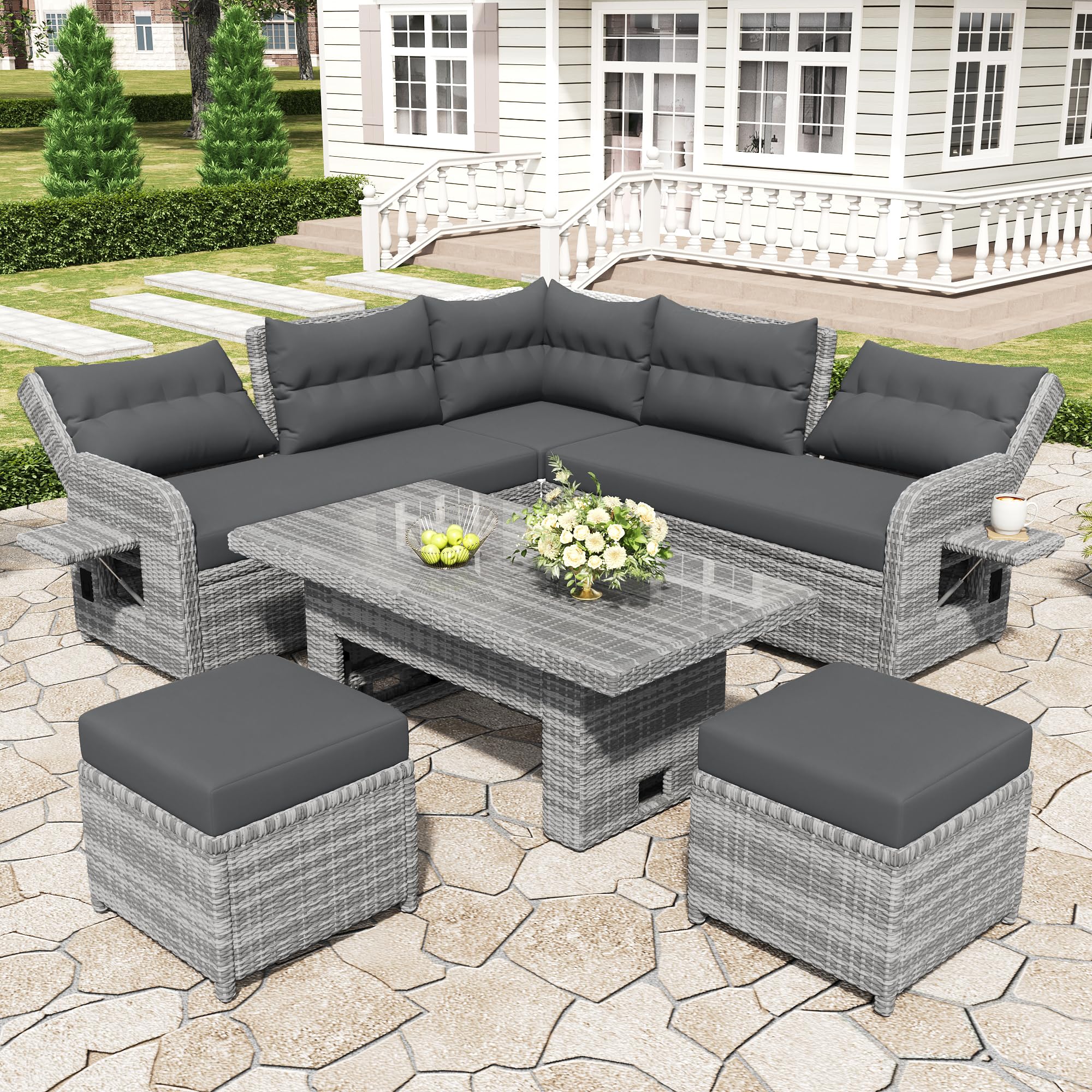 8-Piece Outdoor Furniture Couch Set, Gray, for Patio, Lawn, Backyard  
Adjustable Table 8-Piece outdoor Furniture Set, G